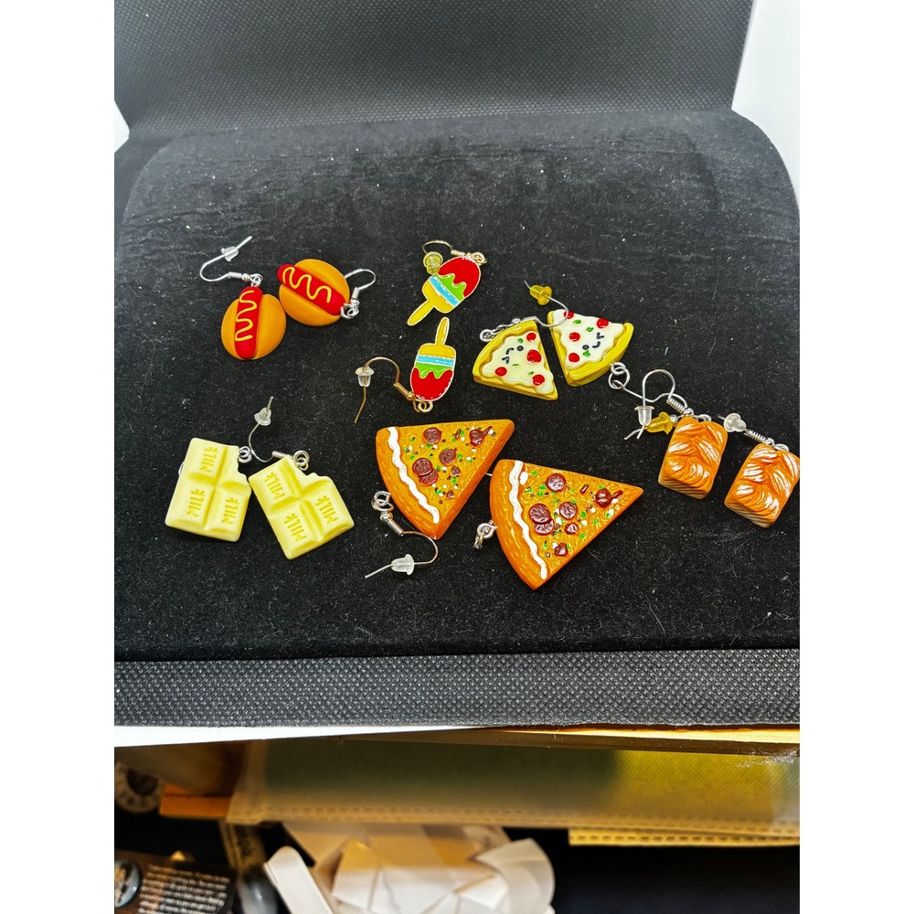 6 Pair Set Food Themed Dangle Earrings Pizza Hot Dog Chocolate Croissant Novelty